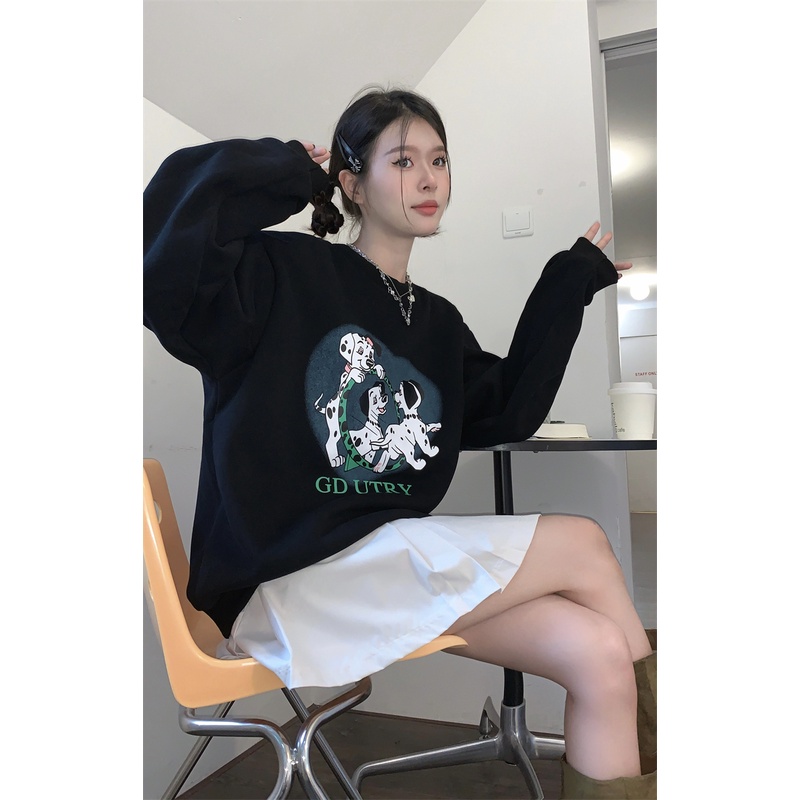 Áo Nỉ Dài Tay Cổ Tròn Form Rộng In Hình Cún Phong Cách Retro