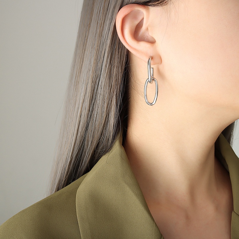 Bông tai titan hình học vintage kiểu bầu dục lồng nhau không gỉ WE2209