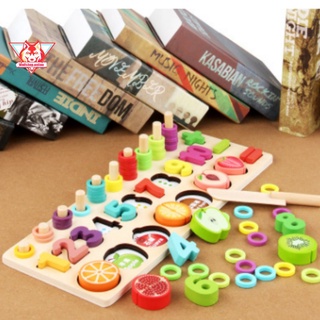 Bộ đồ chơi giáo cụ Montessori bằng gỗ học đếm số, tính khối cột và cắt hoa quả phát triển tư duy cho bé