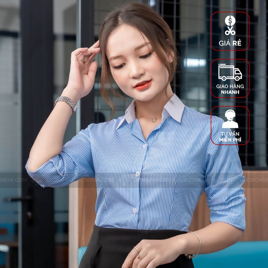 Áo Sơ Mi Đồng Phục Xanh Da Trời Hoạ Tiết Kẻ Sọc Nhỏ Phối Cổ Trắng Thời Trang, Thanh Lịch - Đồng Phục Bốn Mùa