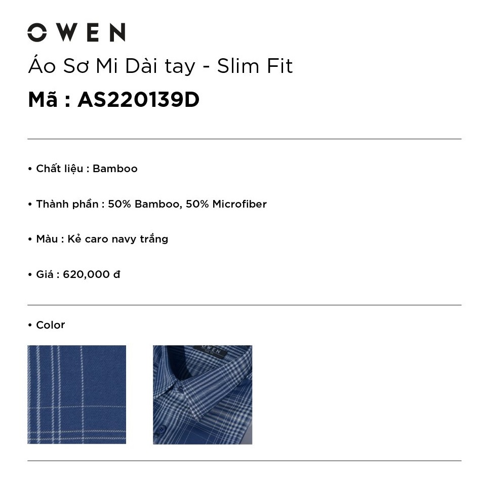 Áo Sơ Mi Nam Dài Tay OWEN AS220139D Somi Công Sở Vải Sợi Tre Cao Cấp Màu Kẻ Caro Navy Trắng Dáng Ôm Tà Lượn Không Túi