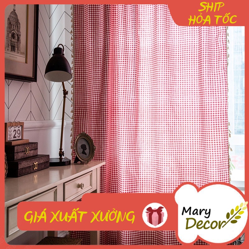 Rèm cửa đẹp vải bố linen trang trí nhà cửa giá tốt - họa tiết Caro đỏ R-A03