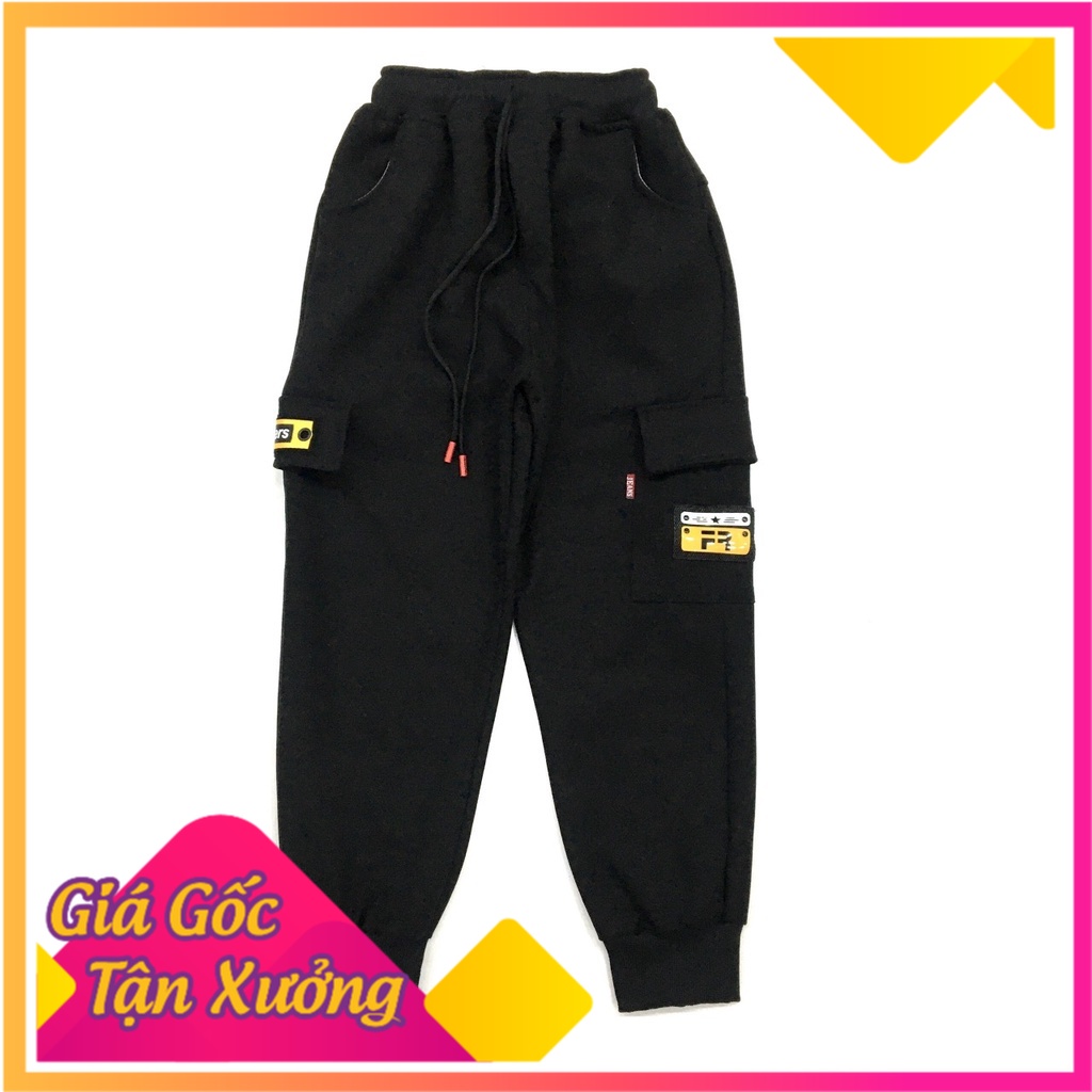 Quần nỉ trẻ em 10-18 tuổi đính logo, Quần Umi dạ túi hộp bé trai chất liệu dày dặn mềm