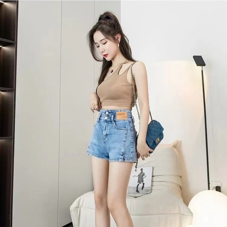 Quần Short Denim Lưng Cao Thời Trang Retro Hàn Quốc Cho Nữ