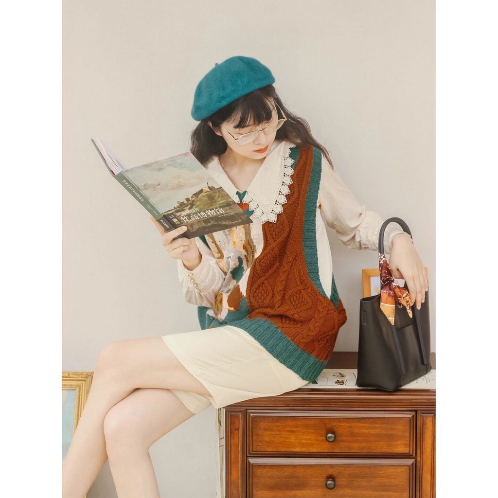 Set áo sơ mi dài tay + áo khoác len không tay phong cách retro dành cho nữ