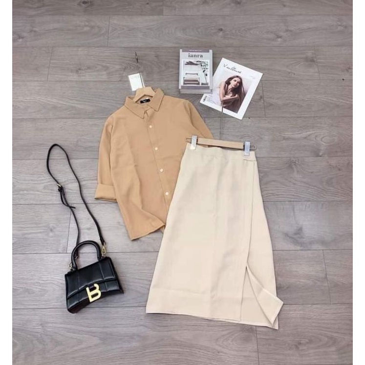 SET sơ mi đui mix chân váy be khoác thêm áo bên ngoài Cực sang