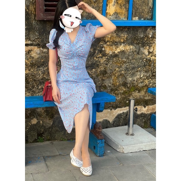 Đầm hoa tim size M dáng tay bồng