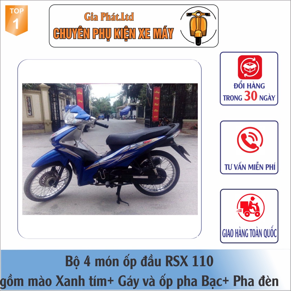 Combo ốp đầu Wave RSX 110  gồm Mào XANH TÍM - Gáy BẠC - và Pha đèn kèm bóng