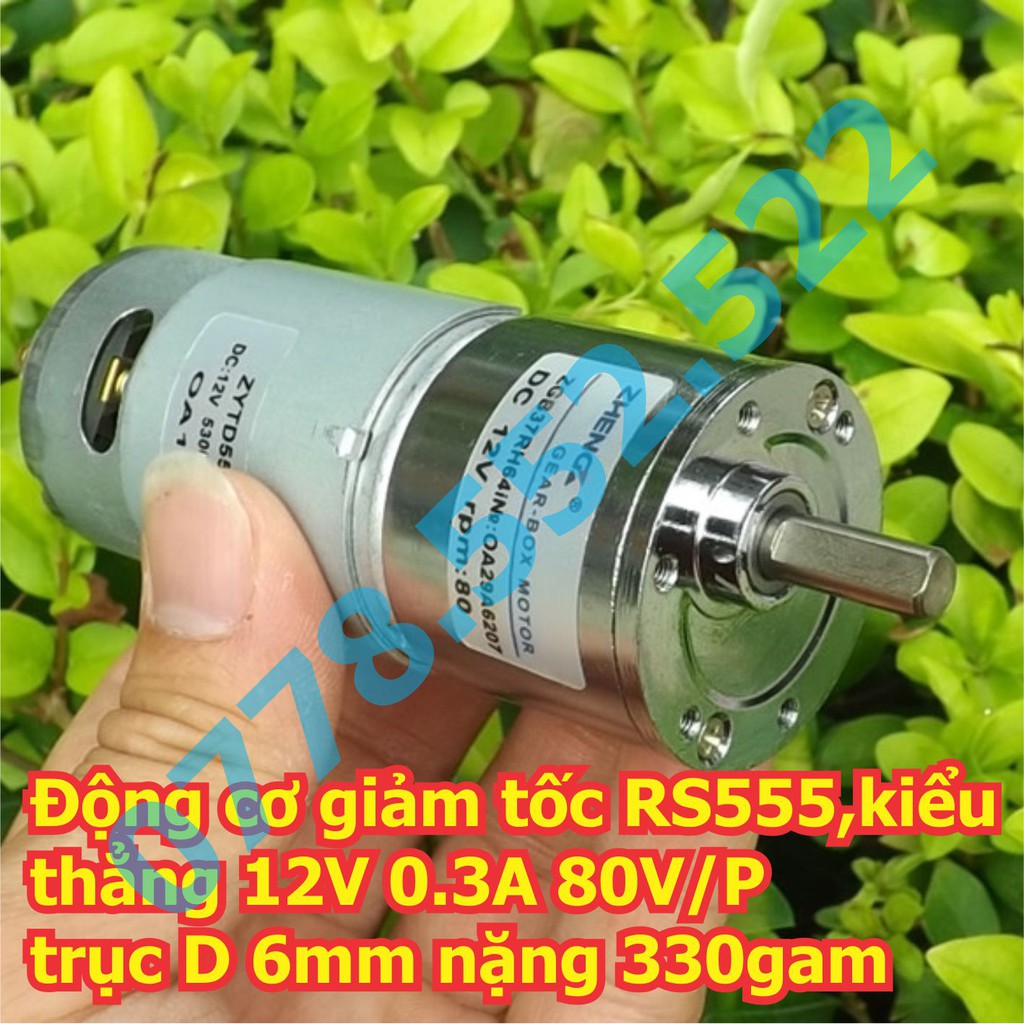 Động cơ giảm tốc RS555, kiểu thẳng 12V 0.3A 80V/P trục D 6mm 330gam kde5915