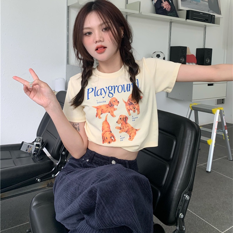 Áo Thun Crop Top Tay Ngắn Cổ Tròn In Hình Chú Chó Hoạt Hình Dễ Thương