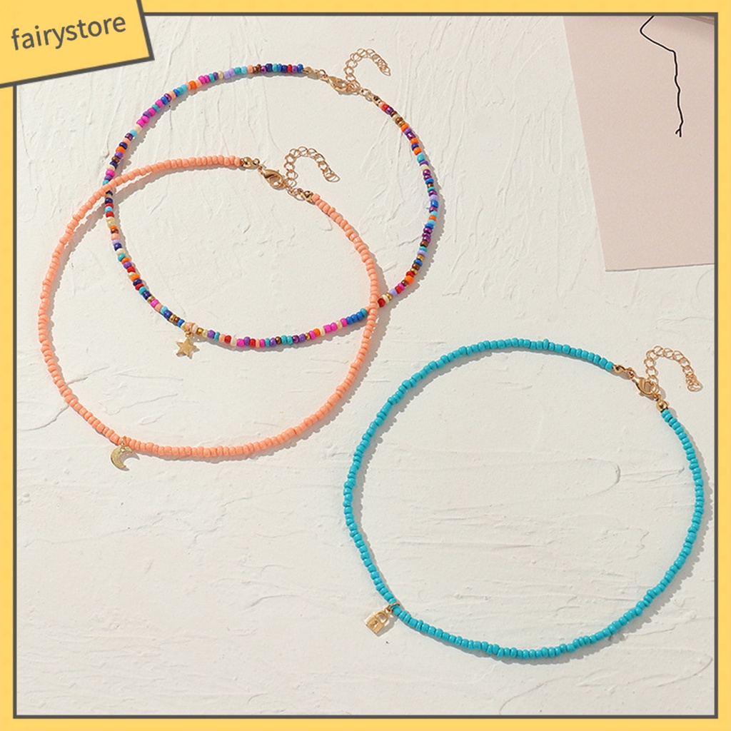 Set 3 Vòng Cổ Choker Bằng Hạt Hình Ngôi Sao Mặt Trăng Thân Thiện Với Da