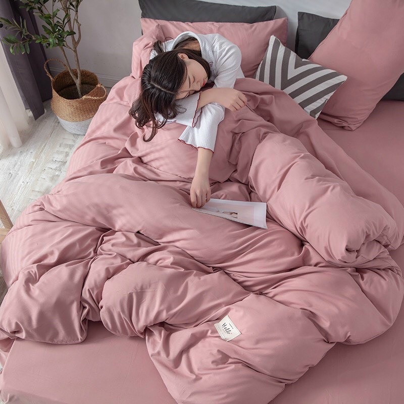 Trọn Bộ Chăn Ga Gối Cotton Tici 5 Món Hizun Trơn 1 Màu Vintage