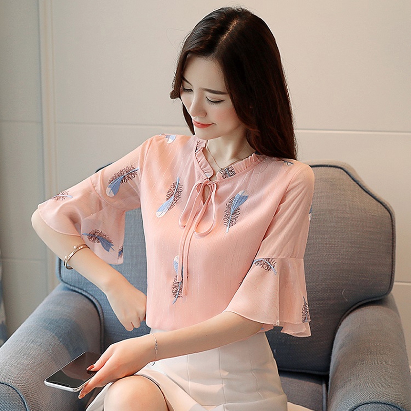 Áo Chiffon Tay Loe Thêu Họa Tiết Lông Vũ Thời Trang Mùa Hè Hàn Quốc Cho Nữ