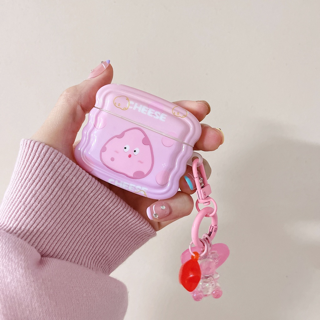 Vỏ Bảo Vệ Hộp Sạc Tai Nghe Bluetooth airpods 1 2 3 pro Bằng tpu Mềm Hình Phô Mai Màu Hồng Imd Có Dây Đeo