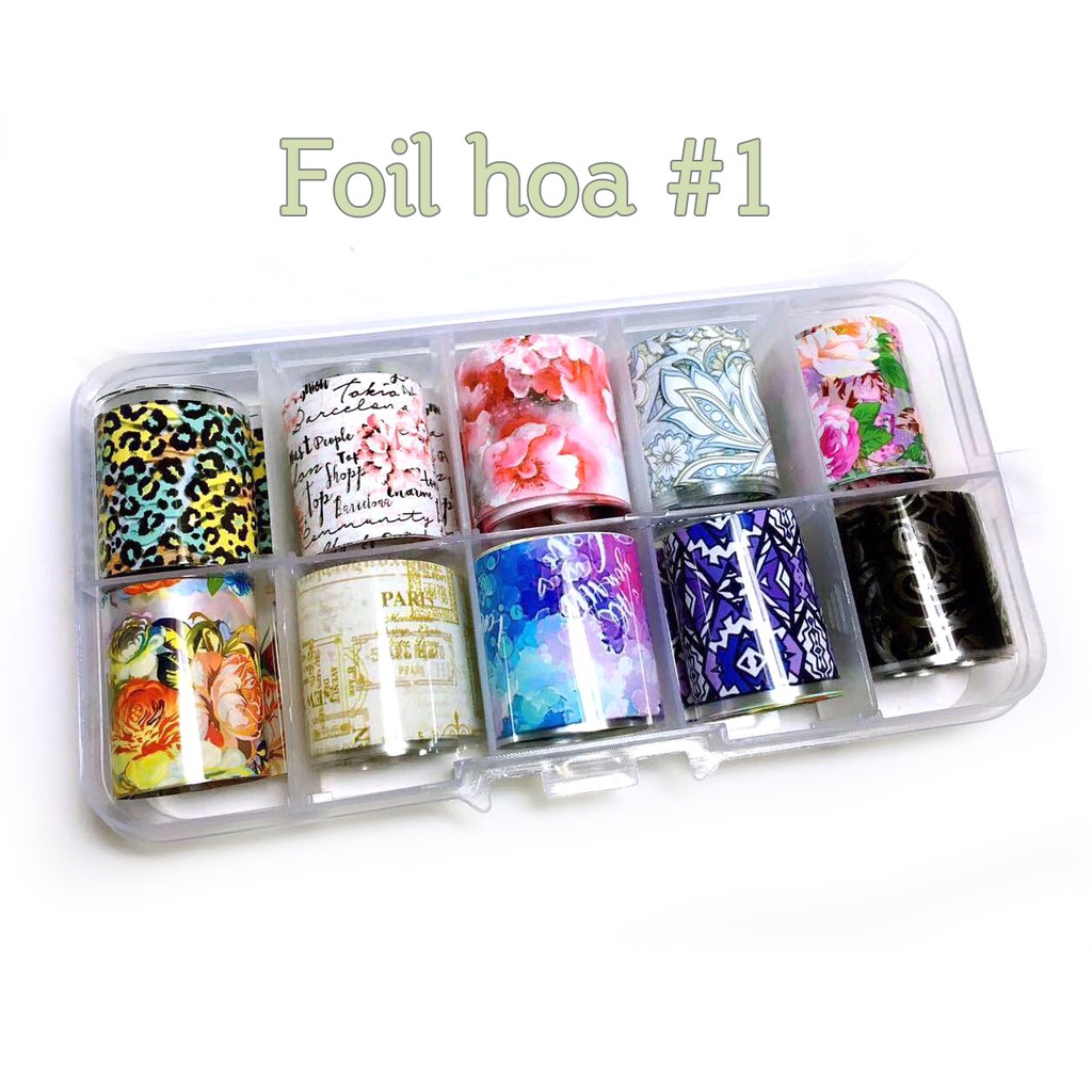 HỘP 10 cuộn Giấy foil dán móng kèm KEO FOIL ( khách chọn mẫu)