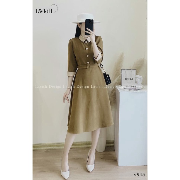 ✨BÁN SỈ✨Đầm xanh mù tạt viền cổ kèm belt
