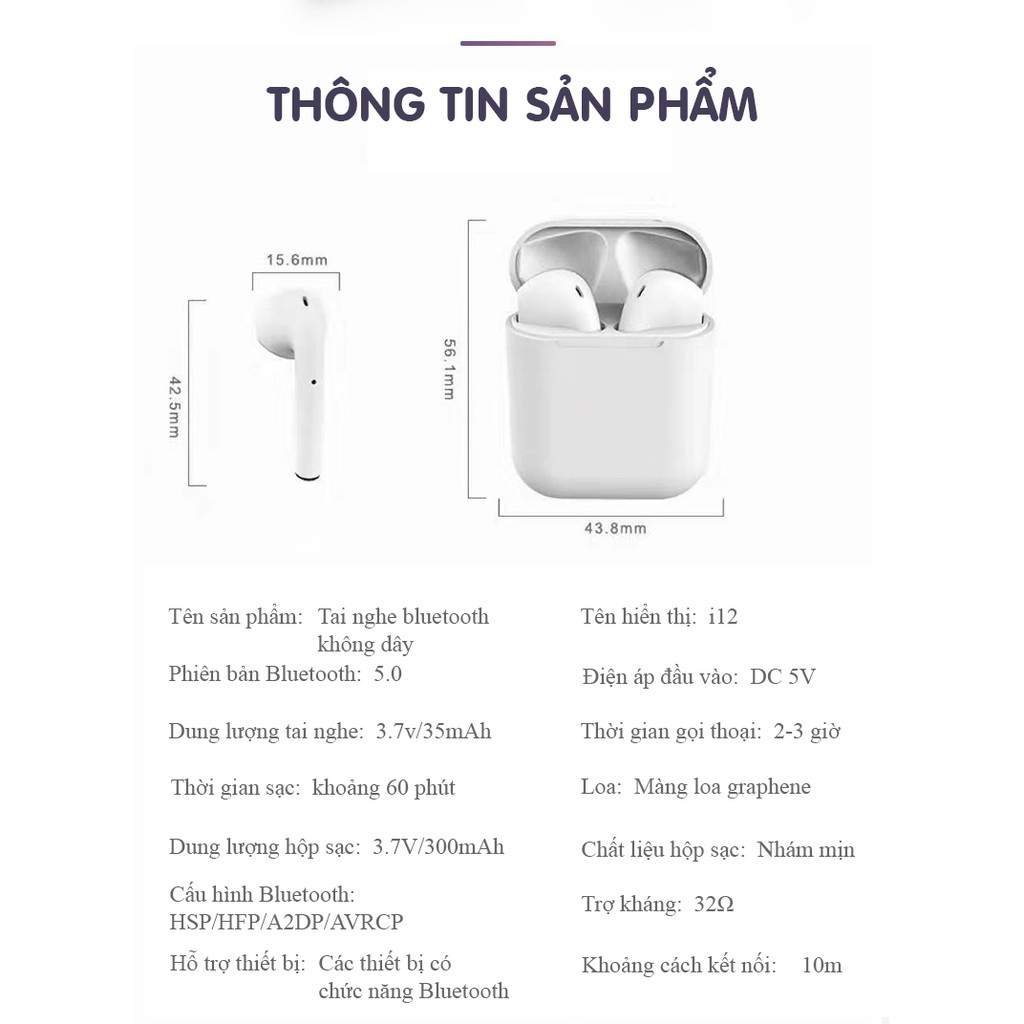 Tai nghe Inpods i12 phiên bản mới cảm biến 1 chạm kiết nối với máy tính, iphone, android