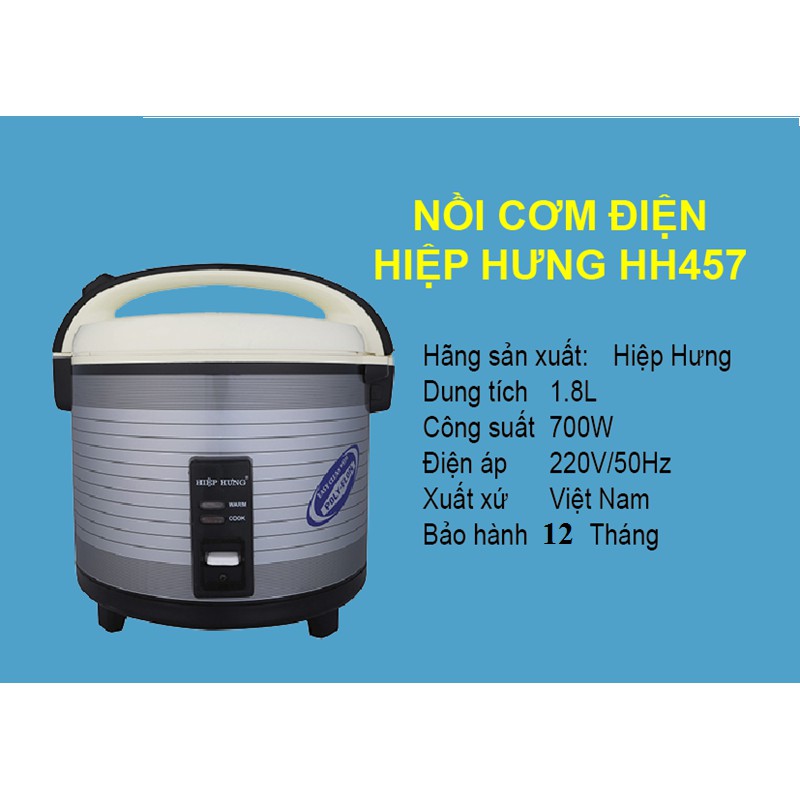 [Mã ELHADEV giảm 4% đơn 300K] Nồi Cơm Điện Hiệp Hưng HH457 Dung Tích 1.8 Lít Siêu Bền, Bảo Hành 12 Tháng