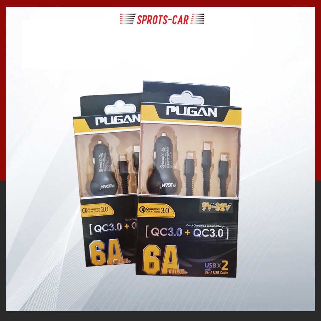 Tẩu sạc ô tô xe hơi PU-GAN sạc nhanh(4.5A- 6A-10A) QC 3.0 Tặng kèm dây sạc 3 đầu
