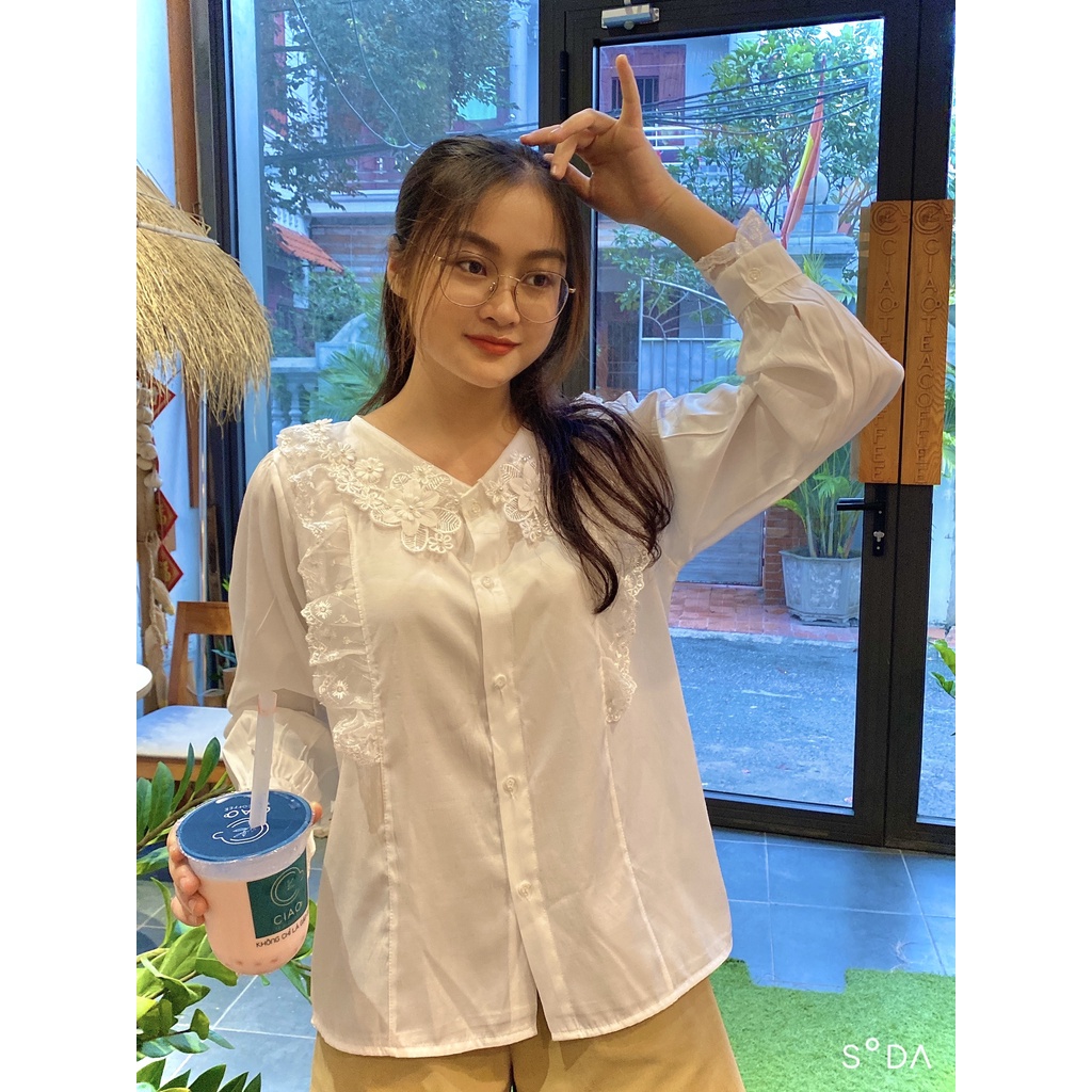 Áo sơ mi nữ tay dài họa tiết A892, kiểu áo nữ hàn quốc bánh bèo cổ V thiết kế ren hoa đẹp sang chảnh mặc đi làm đi học