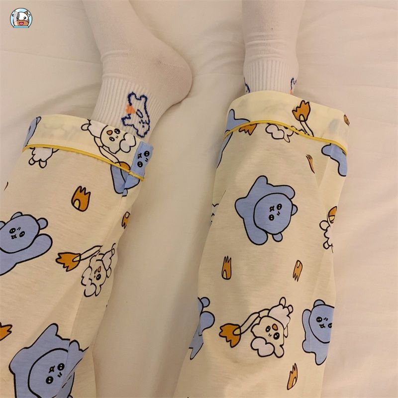 Quần Ngủ Dài Dáng Rộng In Họa Tiết Hoạt Hình Chú Gấu Dễ Thương Phong Cách Hàn Quốc Thời Trang Xuân Thu Cho Nữ