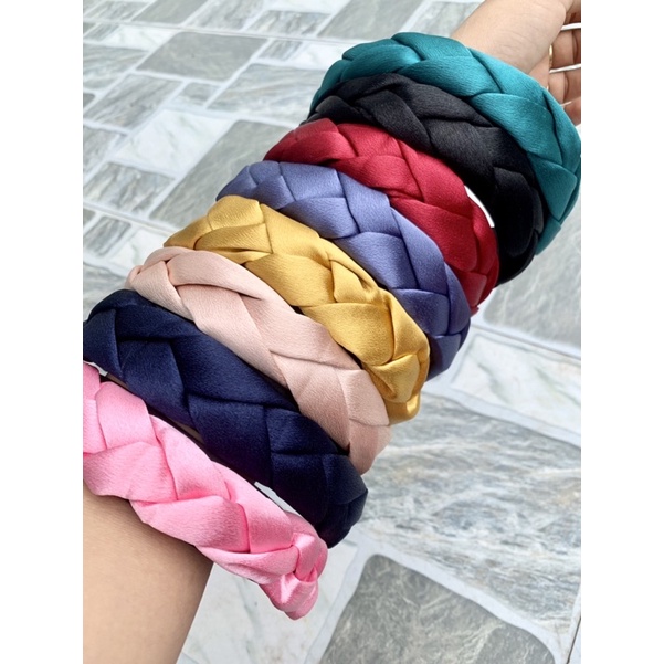 Bờm tóc tết vải lụa satin băng đô thắt bím bản to dịu dàng B1