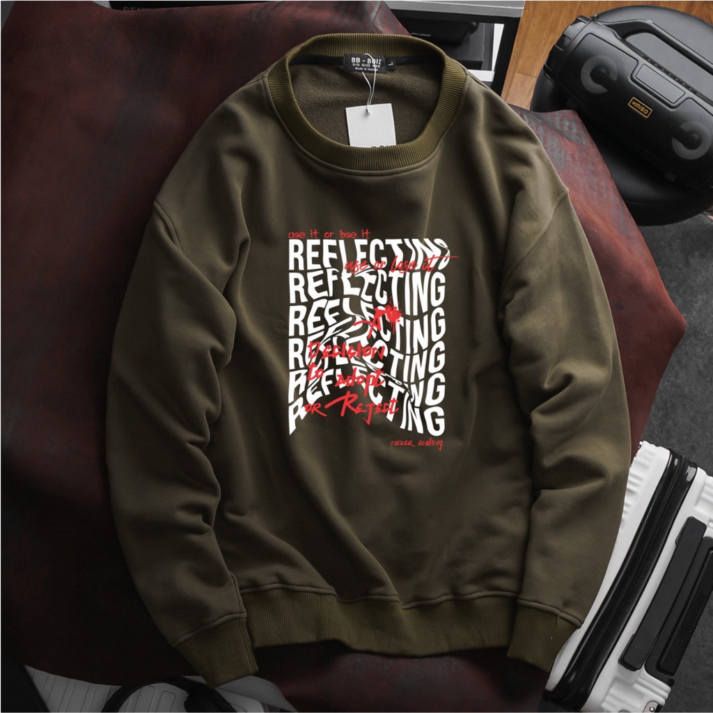 Áo sweater nam vải nỉ form bigsize 90kg - 120kg - xanh rêu in chữ Refiecting