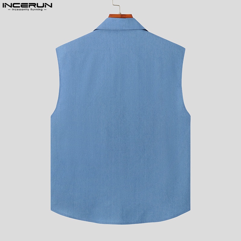 Áo sơ mi sát nách INCERUN màu trơn cổ bẻ phối nút thời trang cho nam