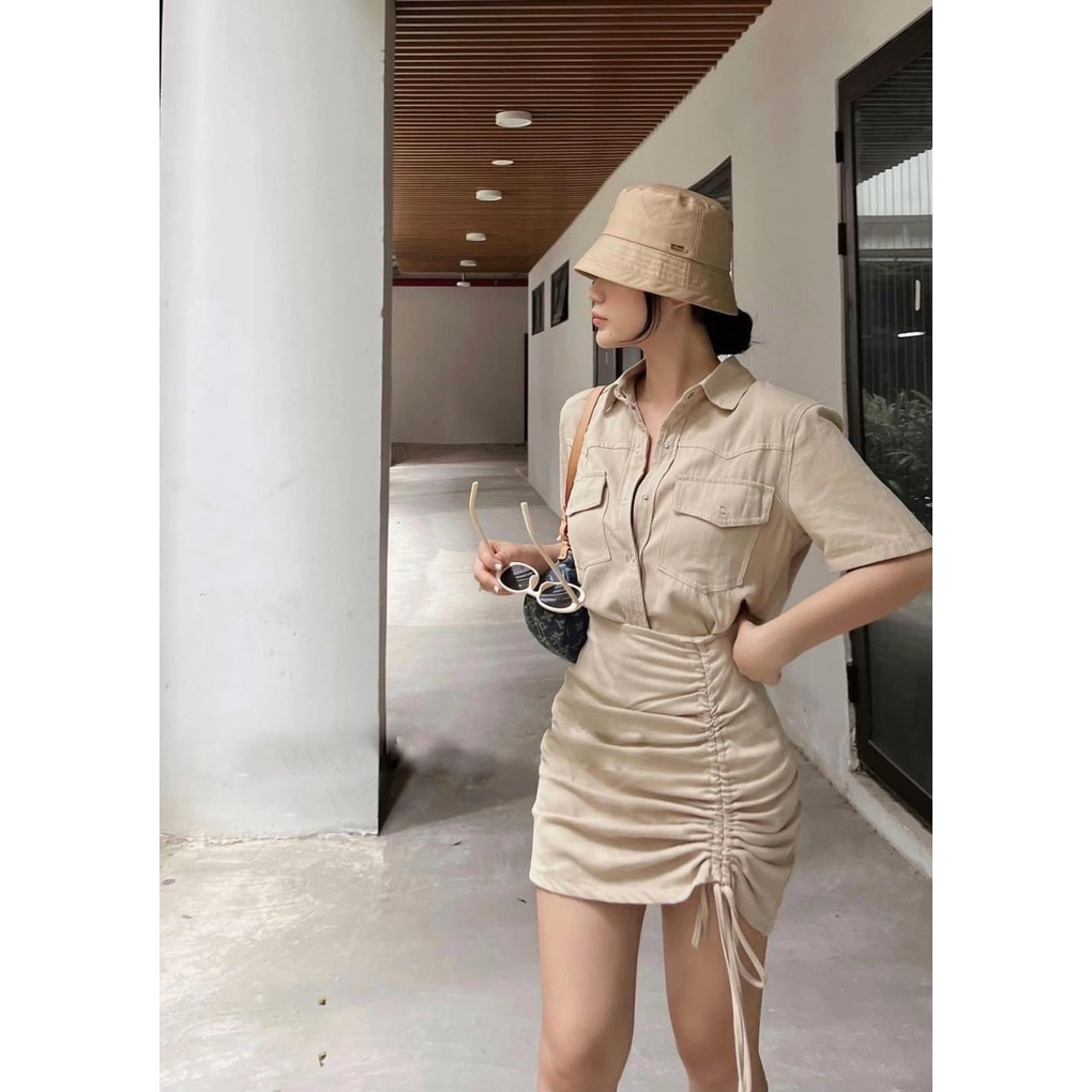 Set áo sơmi túi nắp + Chân váy rút dây - - Ꮯɦ𝚊̂́ȶ Ꮮɨ𝚎̣̂𝚞: linen bột + lót lụa 𝙵𝚛𝚎𝚎 𝚜𝚒𝚣𝚎 𝚏𝚘𝚛𝚖