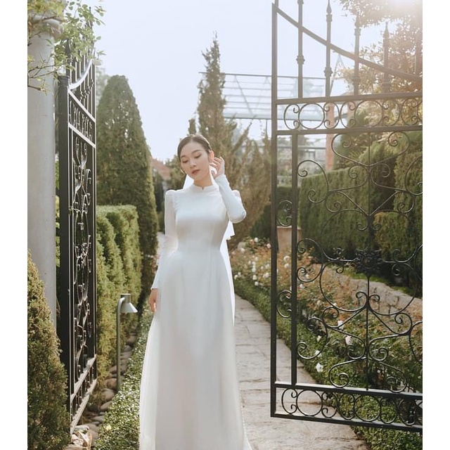 𝐌𝐀𝐑𝐈𝐀 ÁO DÀI CÔ DÂU MÀU TRẮNG LỤA TAY BỒNG
