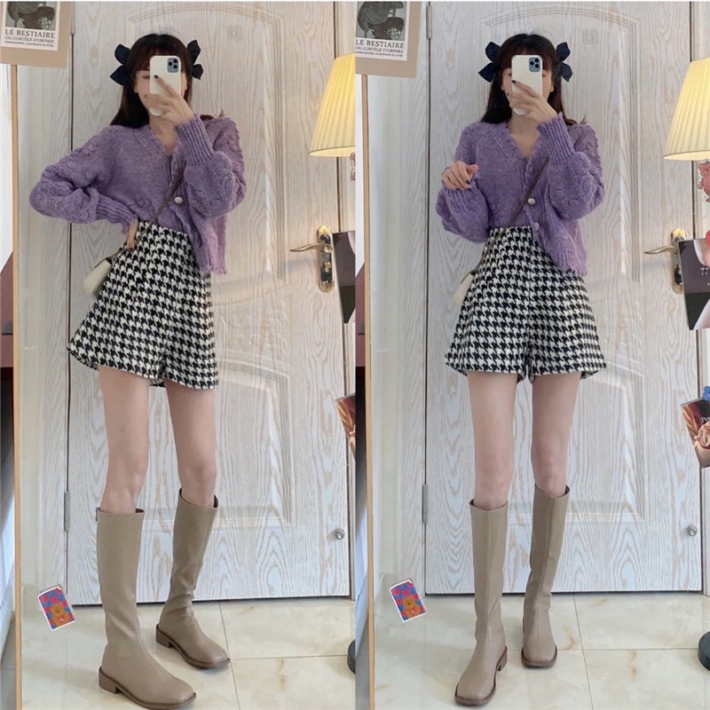 Áo len croptop màu tím nút đá lấp lánh