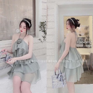Đầm voan bi nổi bèo tầng có lót cổ yếm hở lưng!