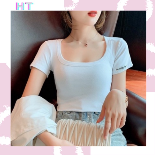 Áo thun nữ ngắn tay cổ vuông dáng ôm %100 Cotton,Áo thun nữ tay ngắn cổ vuông cá tính siêu đẹp