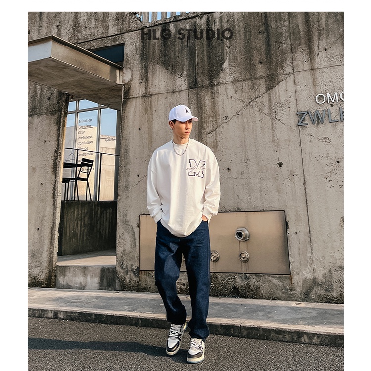 Áo nỉ cổ tròn HLG AMOBIT phong cách đường phố rộng rãi, thời trang trẻ trung năng động