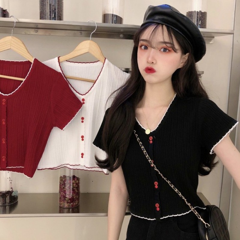 Áo Thun Dệt Kim Tay Ngắn Cổ Chữ V Phong Cách Hàn Quốc