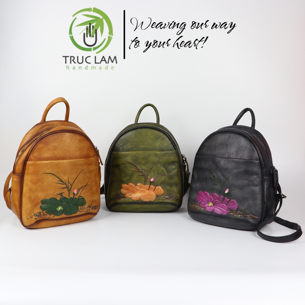 Balo Thời Trang Nữ Da Thật Cao Cấp Họa Tiết Hoa Sen – Trúc Lâm Handmade