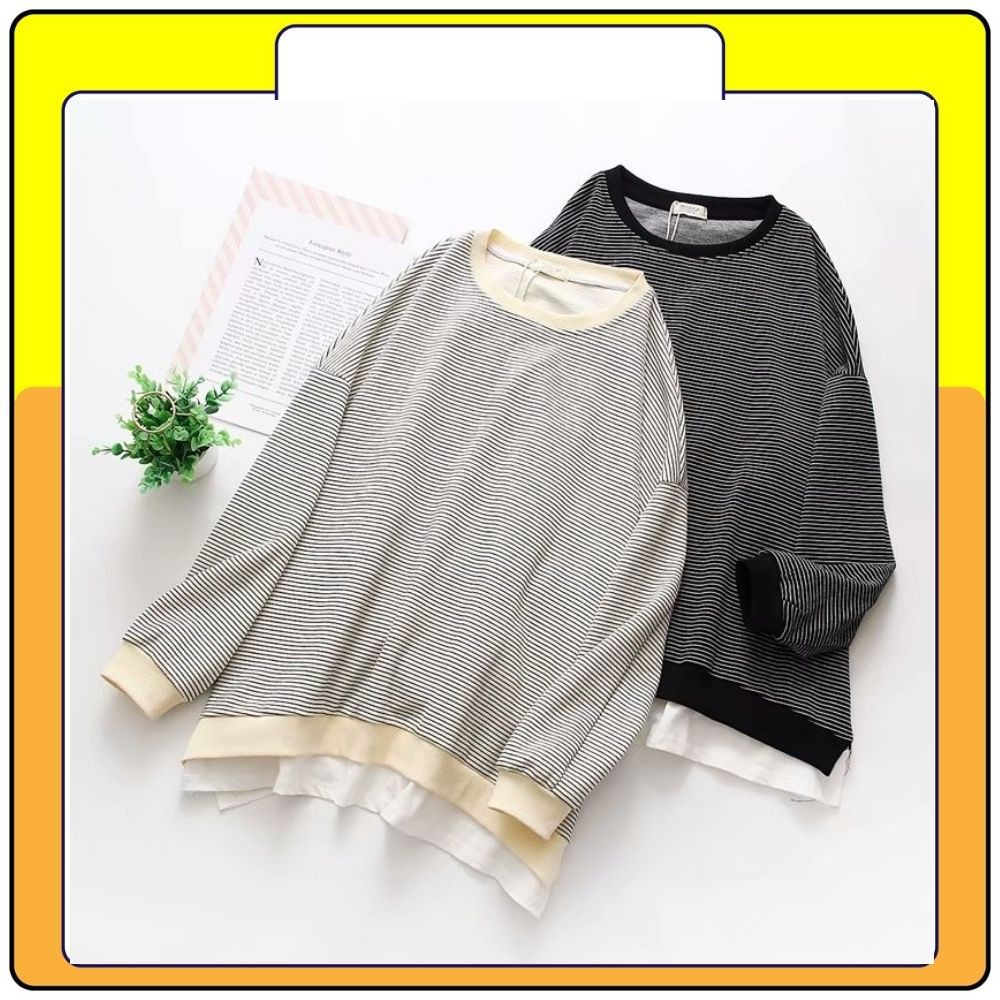 Áo nỉ kẻ pha viền phong cách vintage, áo kẻ dài tay Queenshop