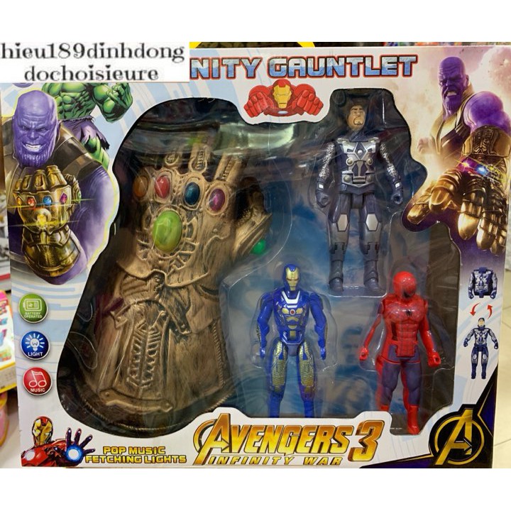 Hộp đồ chơi găng tay vô cực cỡ lớn có nhạc có đèn kèm 3 siêu anh hùng gấp gọn thành bộ giáp  (ảnh thật)