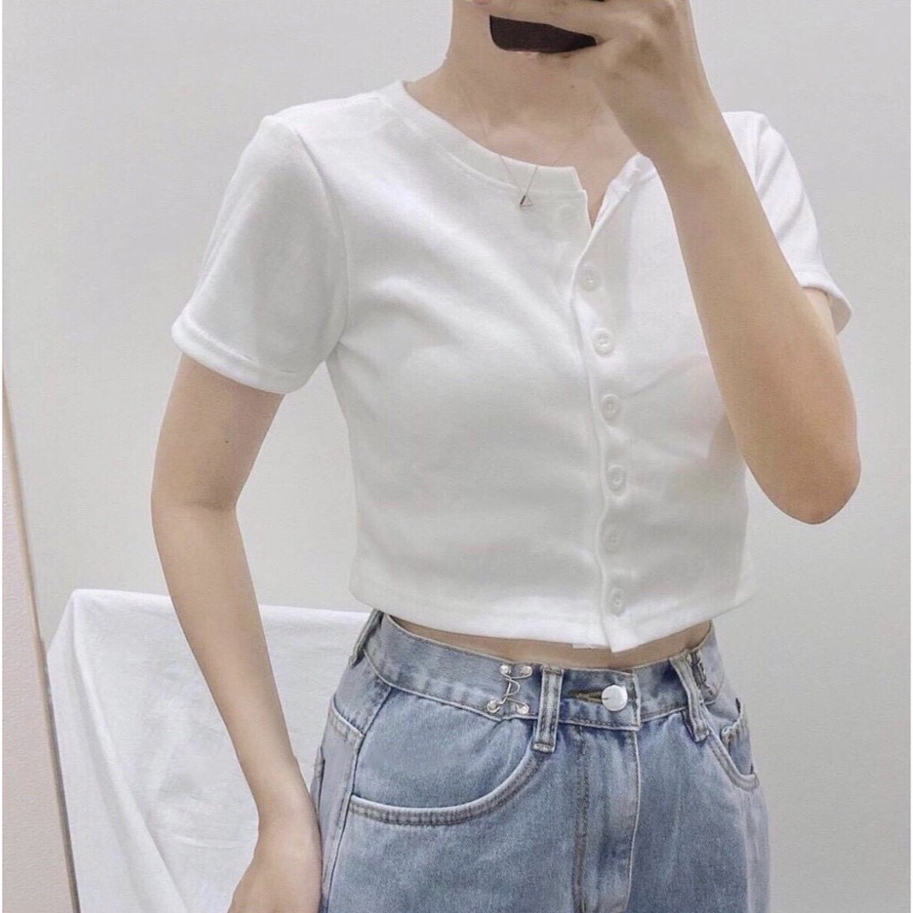 áo croptop thun nữ cộc tay cài khuy chất cotton cá tính