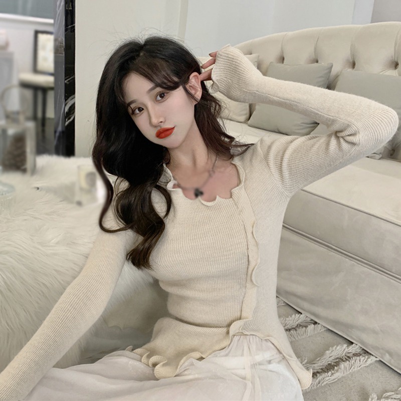 Áo dệt kim tay dài cổ chữ V quyến rũ dễ phối đồ dành cho nữ