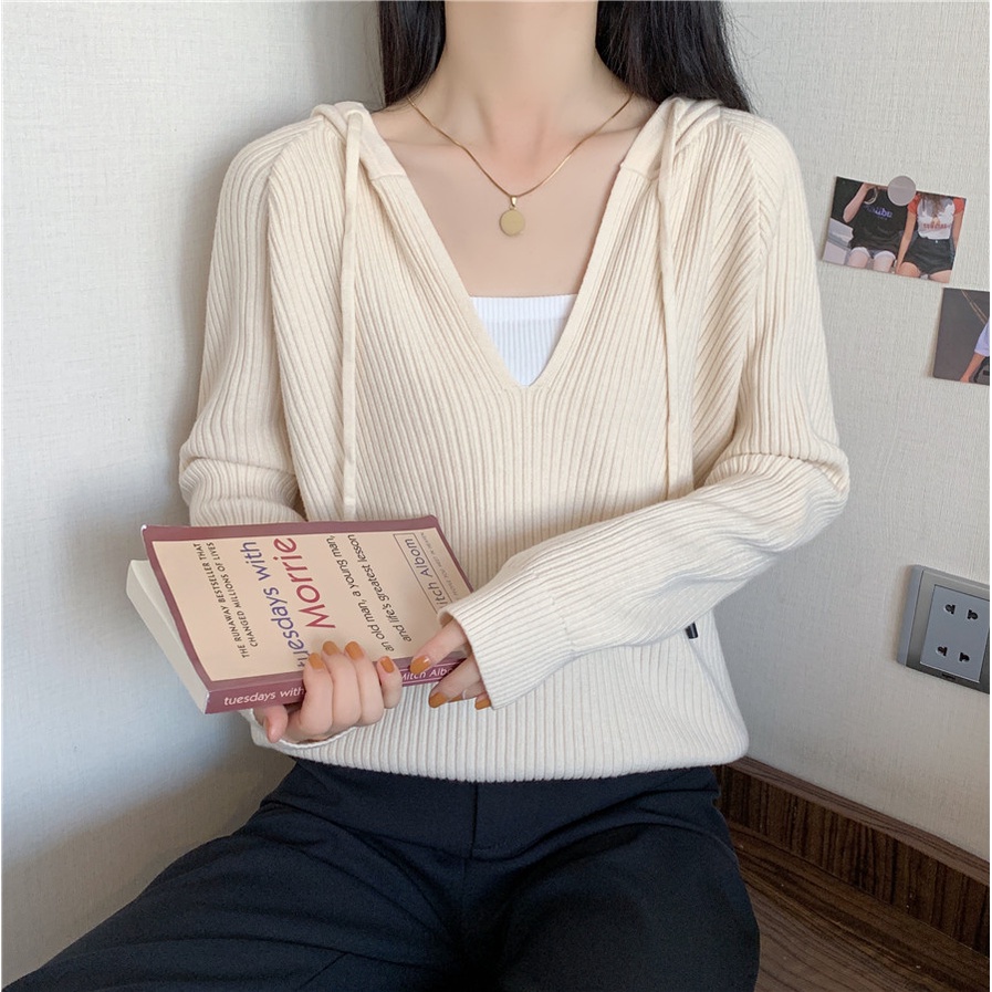 SUXI Áo Sweater Dệt Kim Có Mũ Trùm Tay Dài Dáng Rộng Vải Mềm Màu Trơn Kiểu Hàn Quốc Dễ Thương Cho Bạn Gái