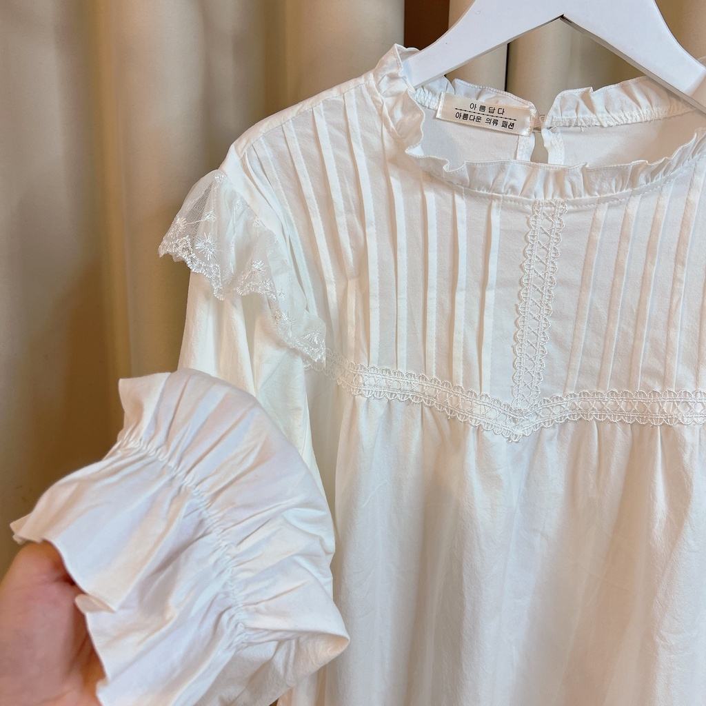 Áo baby doll cánh tiên dài tay, cổ bèo xếp ly ngực