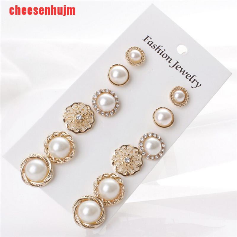 [cheesenhujm]6 Pairs Elegant Crystal Rhinestone Diamond Pearl Sign Ears Tiny Studs Earrings