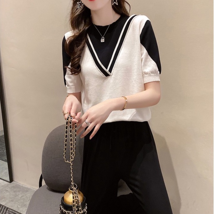 Áo dệt kim ZHELIHANGFEI ngắn tay phối màu thiết kế thời trang mùa hè cho nữ