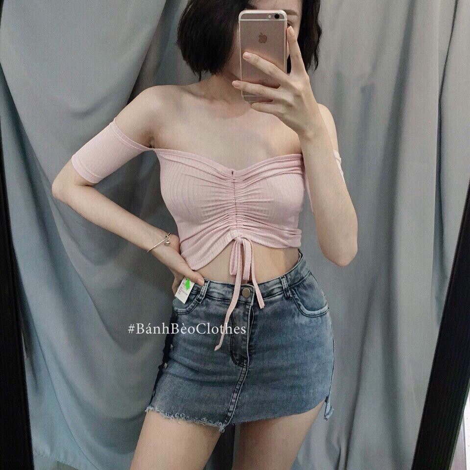 Áo bẹt vai form body phối dây rút có kèm dệm ngực quyến rũ TTSL0009