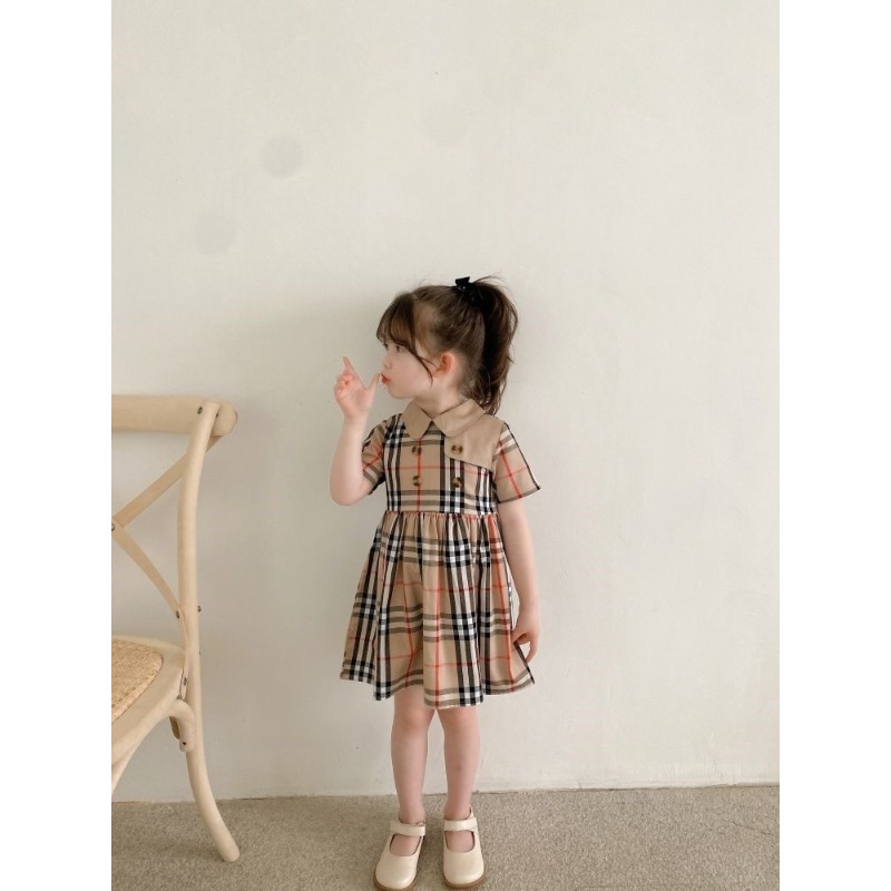 Đầm Công Chúa Bằng Cotton Nguyên Chất Hai Hàng Nút Họa Tiết Kẻ Ô Thời Trang Dành Cho Bé Gái