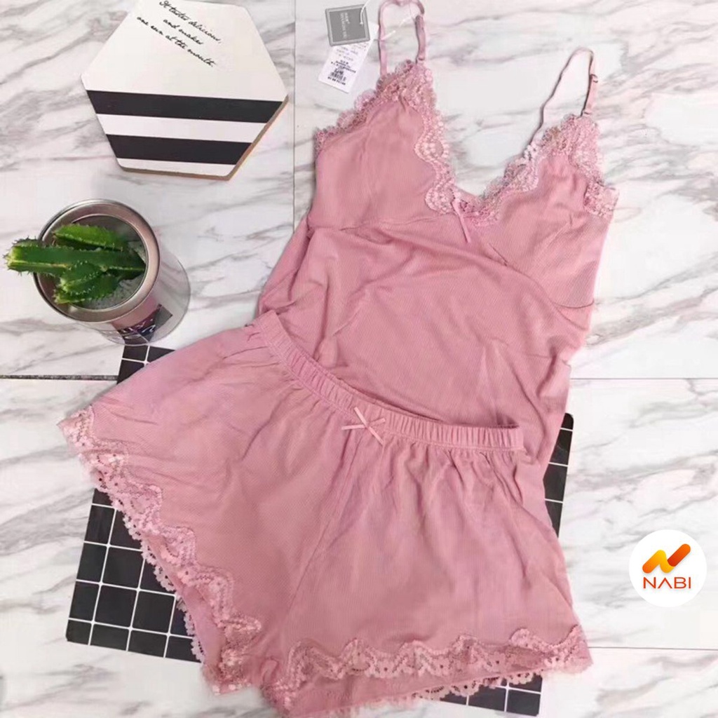 Bộ Ngủ  FREESHIP Bộ ngủ 2 dây chất lanh thun tăm phối ren cực đẹp siêu mát AN09
