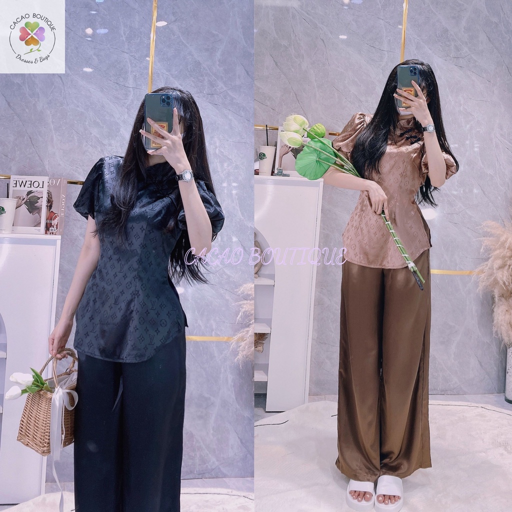 Set nữ đi chùa nút tàu tay bí chất gấm lụa sang trọng quý phái với màu đen và nu trơn