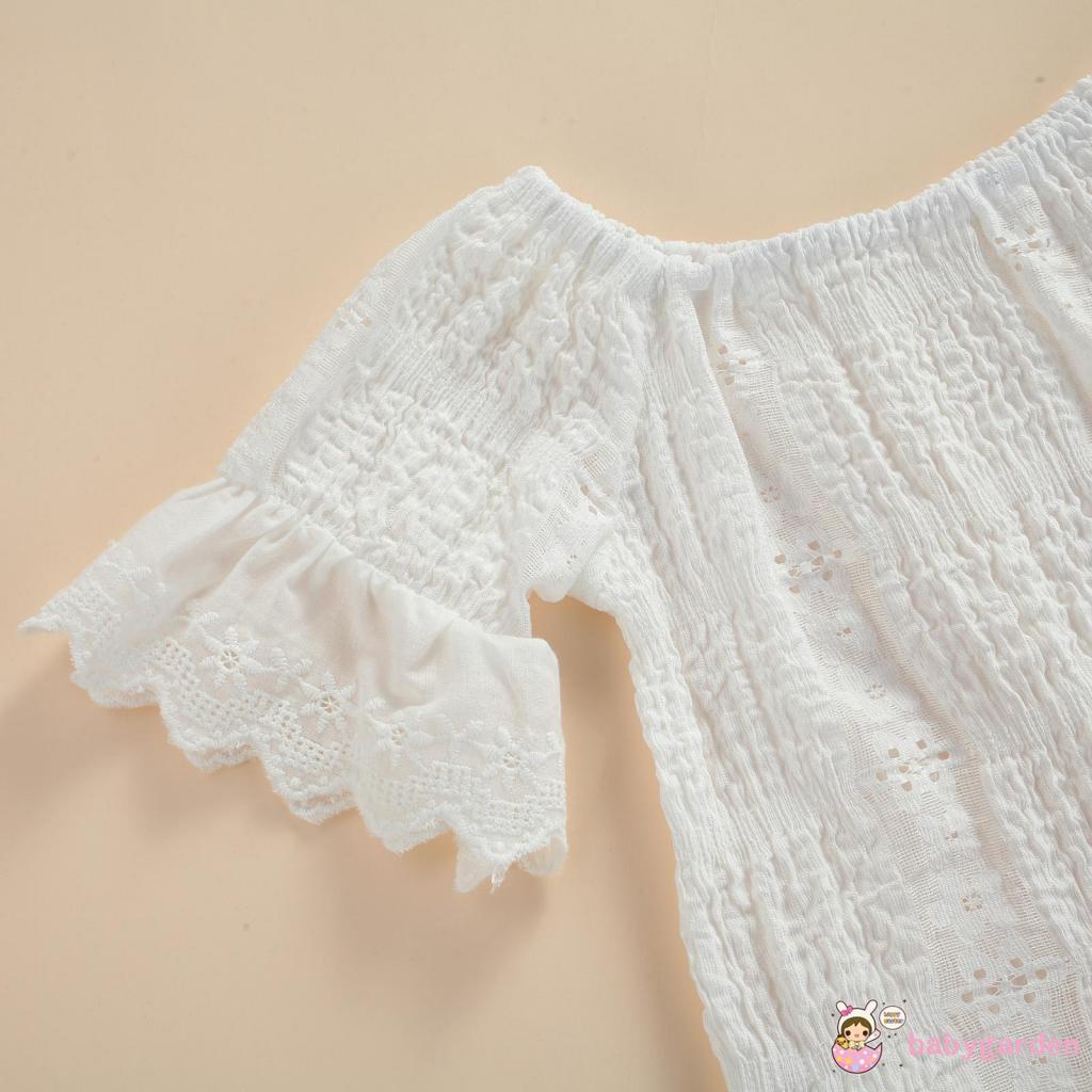 Set Đồ 2 Món Áo Tay Ngắn Màu Trơn Phối Ren + Quần Denim Thời Trang Cho Bé Gái 1-6 Tuổi