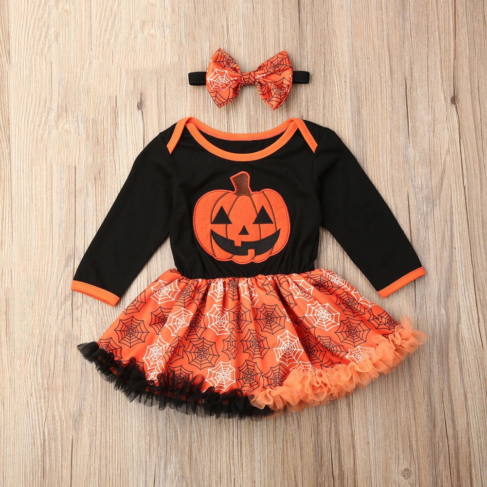 Đầm Tay Dài Hoạ Tiết Bí Ngô Phong Cách Halloween Cho Bé